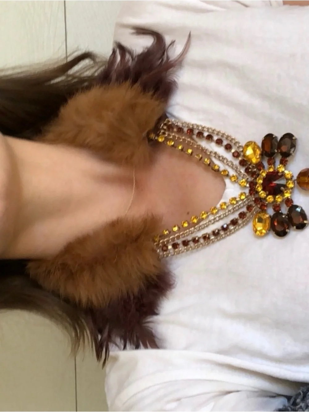 Viviana Brown and Amber Crystal Fur-Accent Necklace